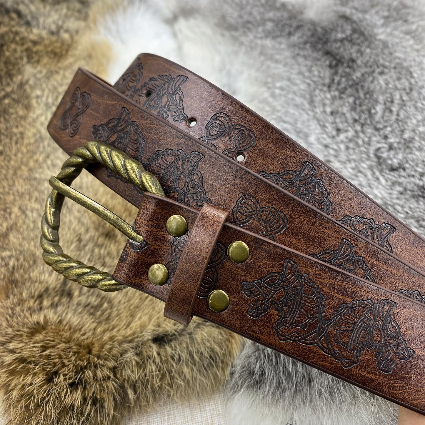 HiiFeuer Medieval Embossed O Ring Belt with Nordic Embossed Belt Bag, Vintage Faux Leather Belt and Belt Pouch Set for LARP Black C
