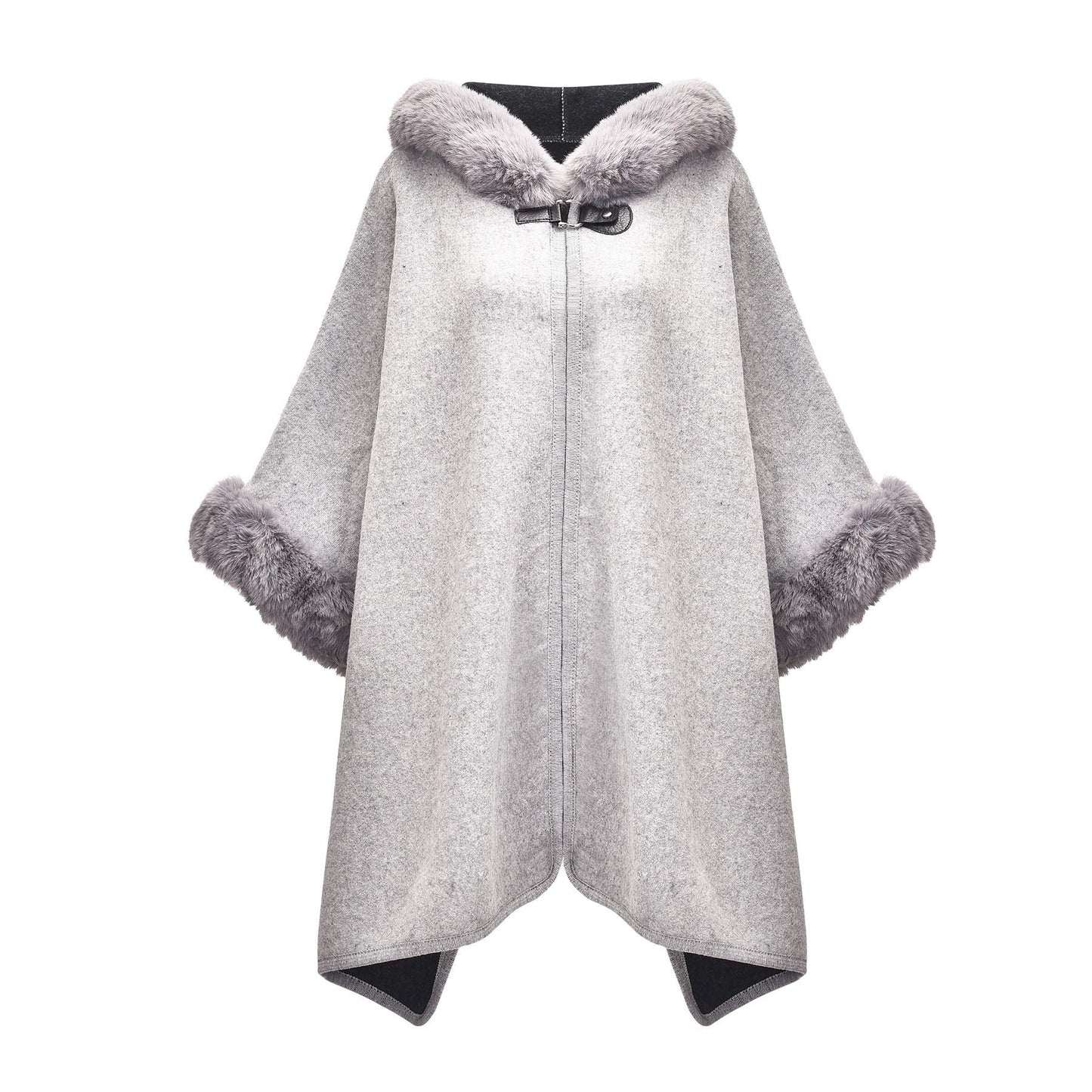 Women Winter Fashion Faux Fur Trim Layers Hooded Cardigan Warm Cape Sweater Cloak Navy