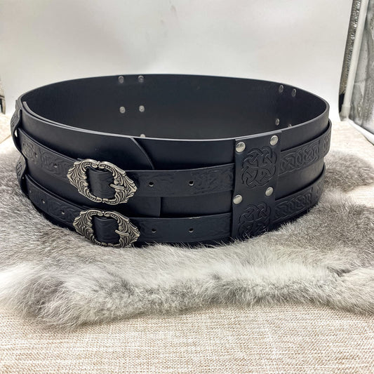 Knotwork Embossed Viking Wide Belt Double-Buckle Thane's Belt