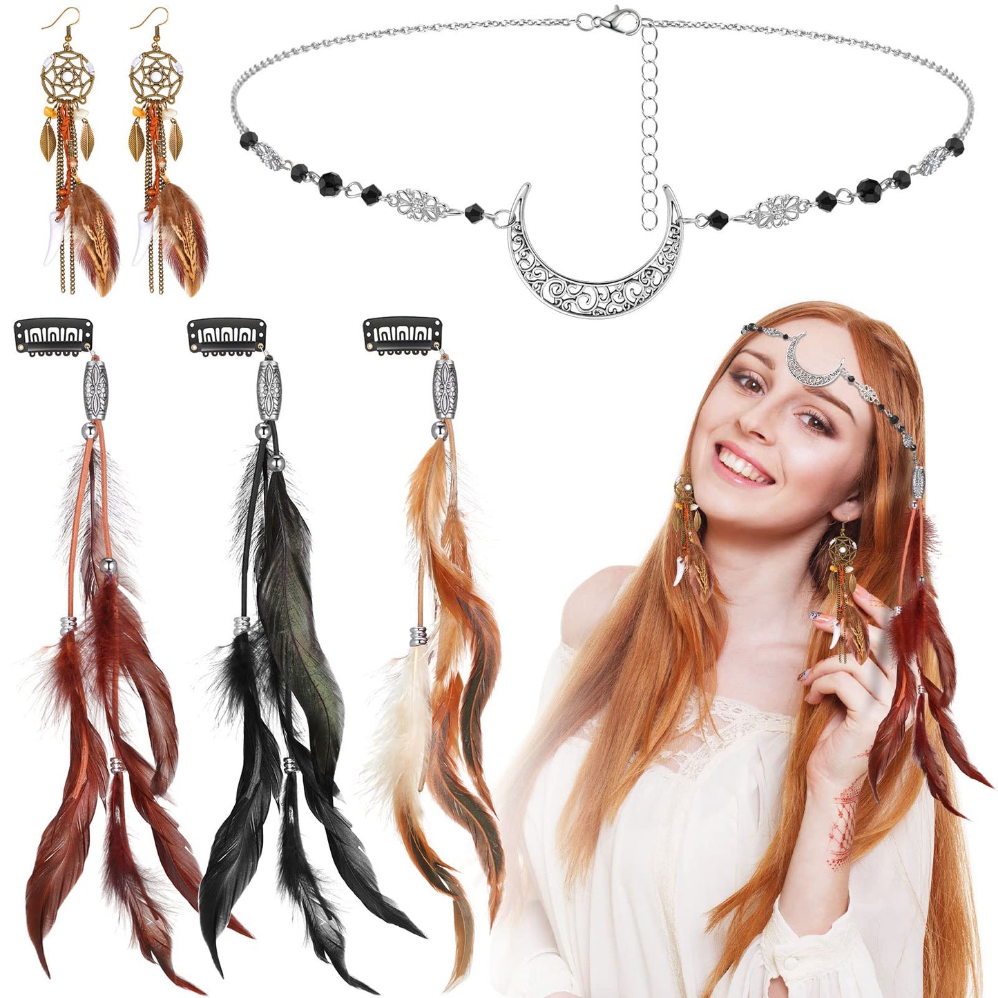 5 Pack Feather Hair Clips Boho Head Moon Chain Crystal Vintage Forehead Jewelry Witch Headpiece Hippie Comb with Long Tassel Feather Earrings Costume for Party Halloween Women (Mixed Color) Mixed Color