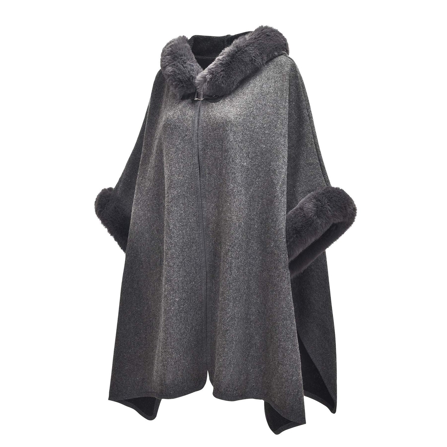 Women Winter Fashion Faux Fur Trim Layers Hooded Cardigan Warm Cape Sweater Cloak Navy