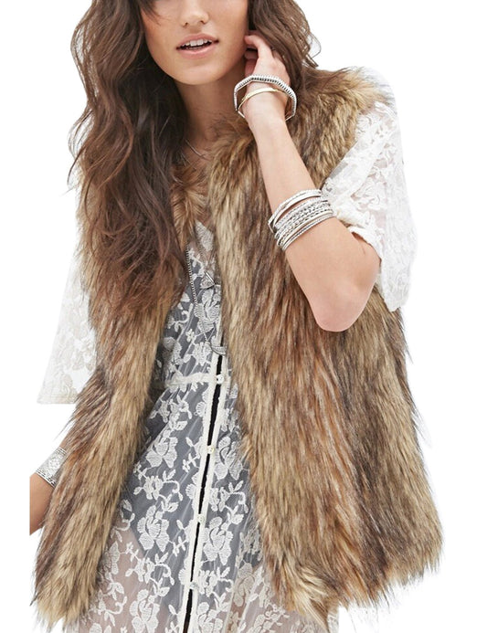 Tanming Women's Fashion Autumn And Winter Warm Short Faux Fur Vests Large Grey