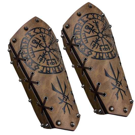 HiiFeuer Medieval Embossed Arm Bracers, Retro Faux Leather Knight Arm Gauntlets, Vintage Renaissance Arm Guards Brown C