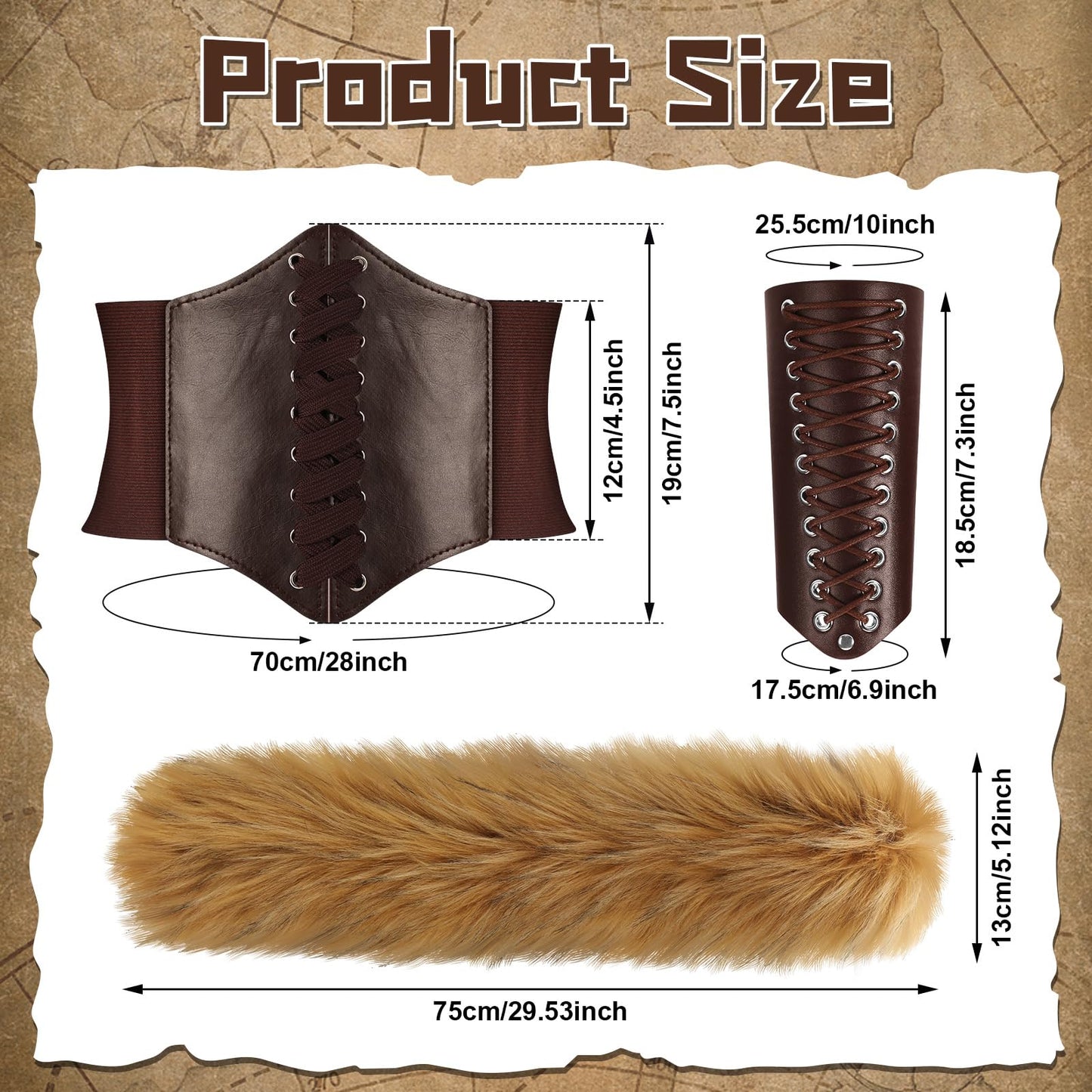Mepase 4 Pcs Viking Costume Set Include Faux Fur Collar Halloween Lace up Waist Belt 2 Pu Leather Gauntlet Wristband Brown