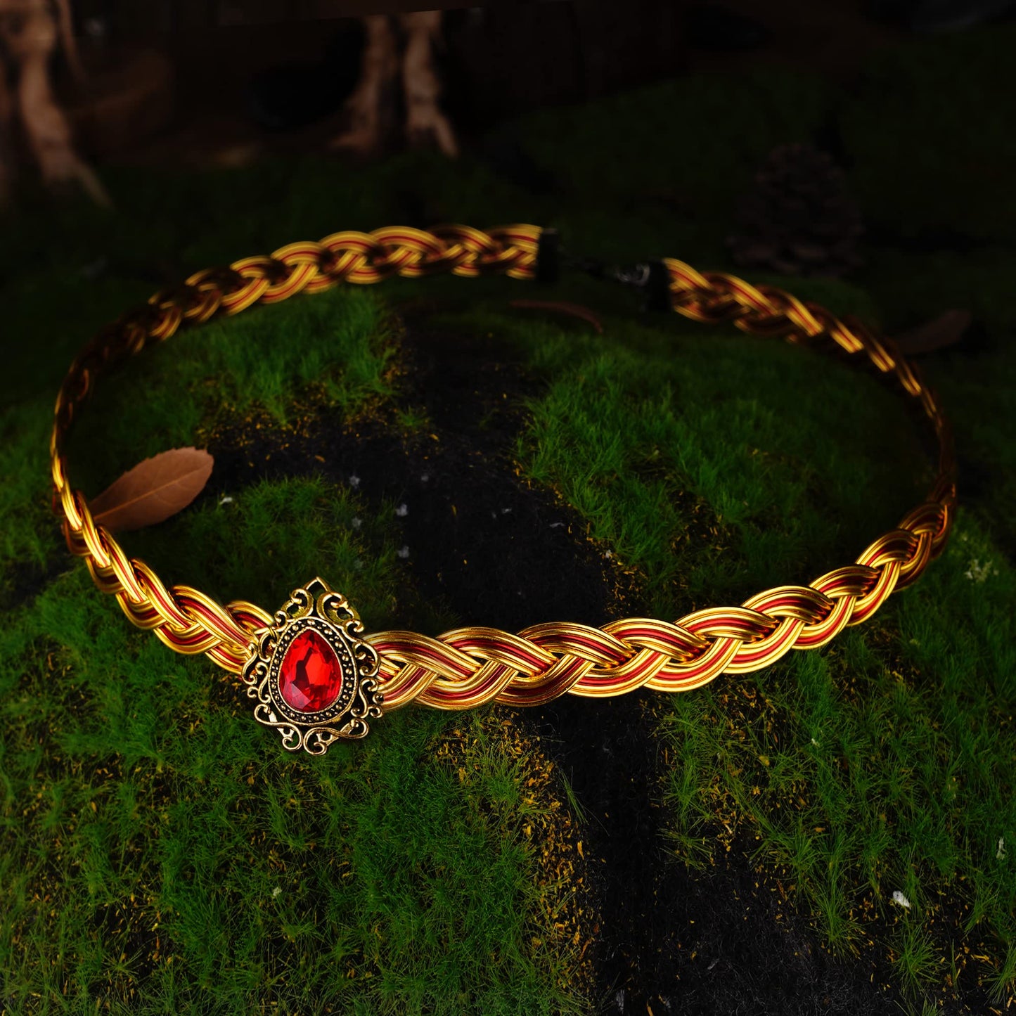 Braided Brass Circlet Crown with Ruby