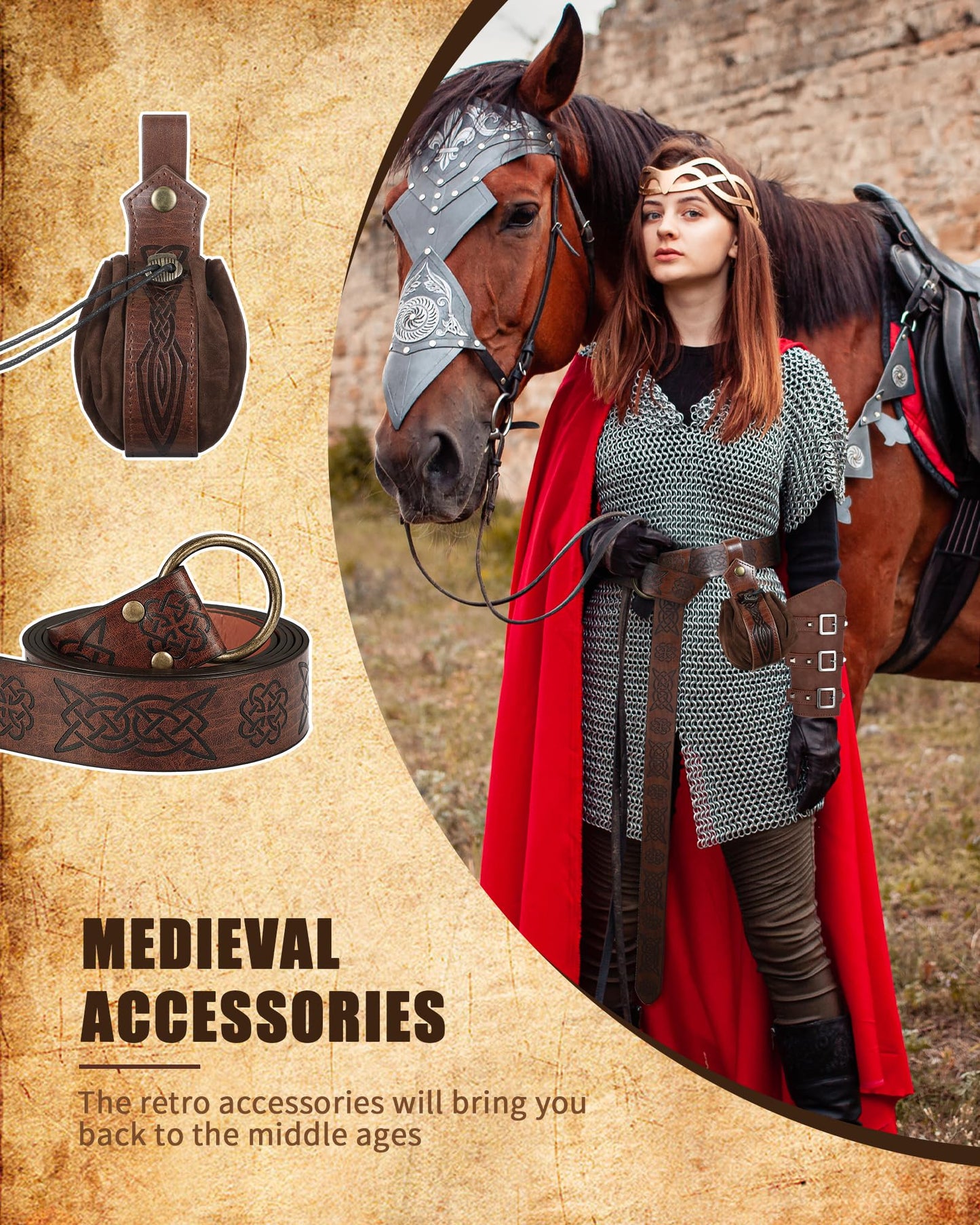 LEIFIDE Medieval Viking Belt Leather Belt Pouch Faux Leather Arm Guards Renaissance Accessories Viking Costume Leather Bracers Medieval Bag Knight Belt for Halloween Fair Cosplay Black Classic