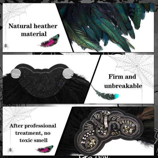 Ramede 4 Pcs Feather Epaulet Shrug Shoulder Strap Feather Cape for Bride Wedding Valentine's Day Angel Costumes Party Gift Black Feather With Beads