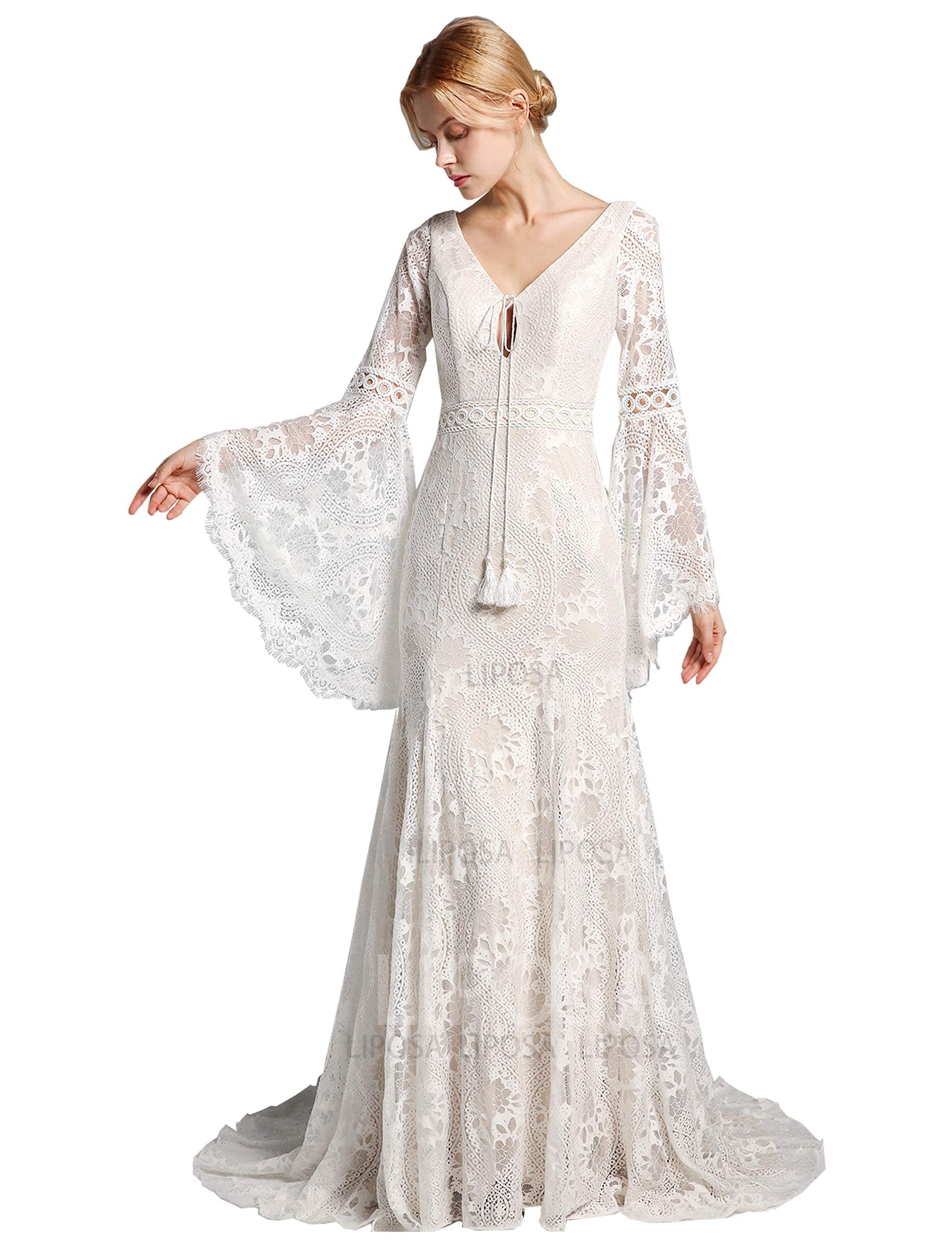 Trumpet Sleeve Embroidered Viking Wedding Dress in Ivory vikingshields Trumpet Sleeve Embroidered Viking Wedding Dress in Ivory vikingshields