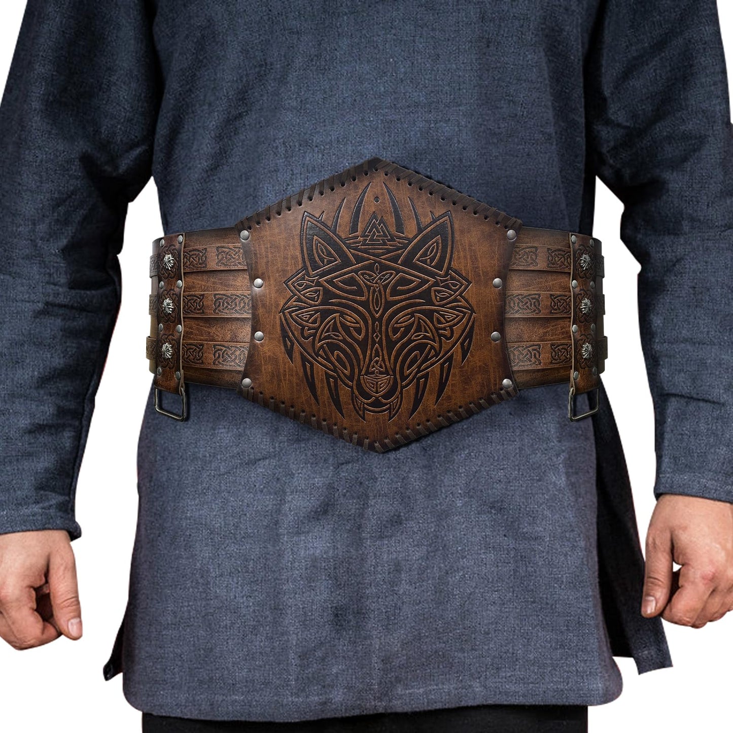 HiiFeuer Viking Fenrir Gauntlet with Embossed Chest Armor and Nordic Wide Belt, Medieval Faux Leather Warrior Set for LARP Ren Faire