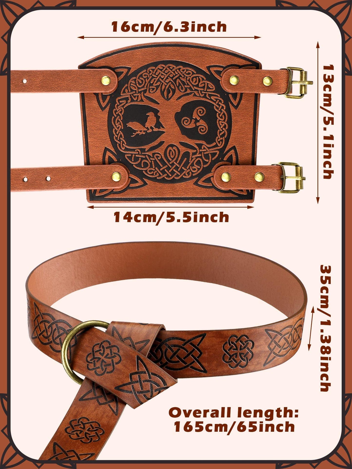 Newcotte 3 pcs Renaissance Viking Retro Knight Belt Embossed O Ring Belt Pu Leather Buckle Arm Guards for Halloween Costume Vintage Style Brown