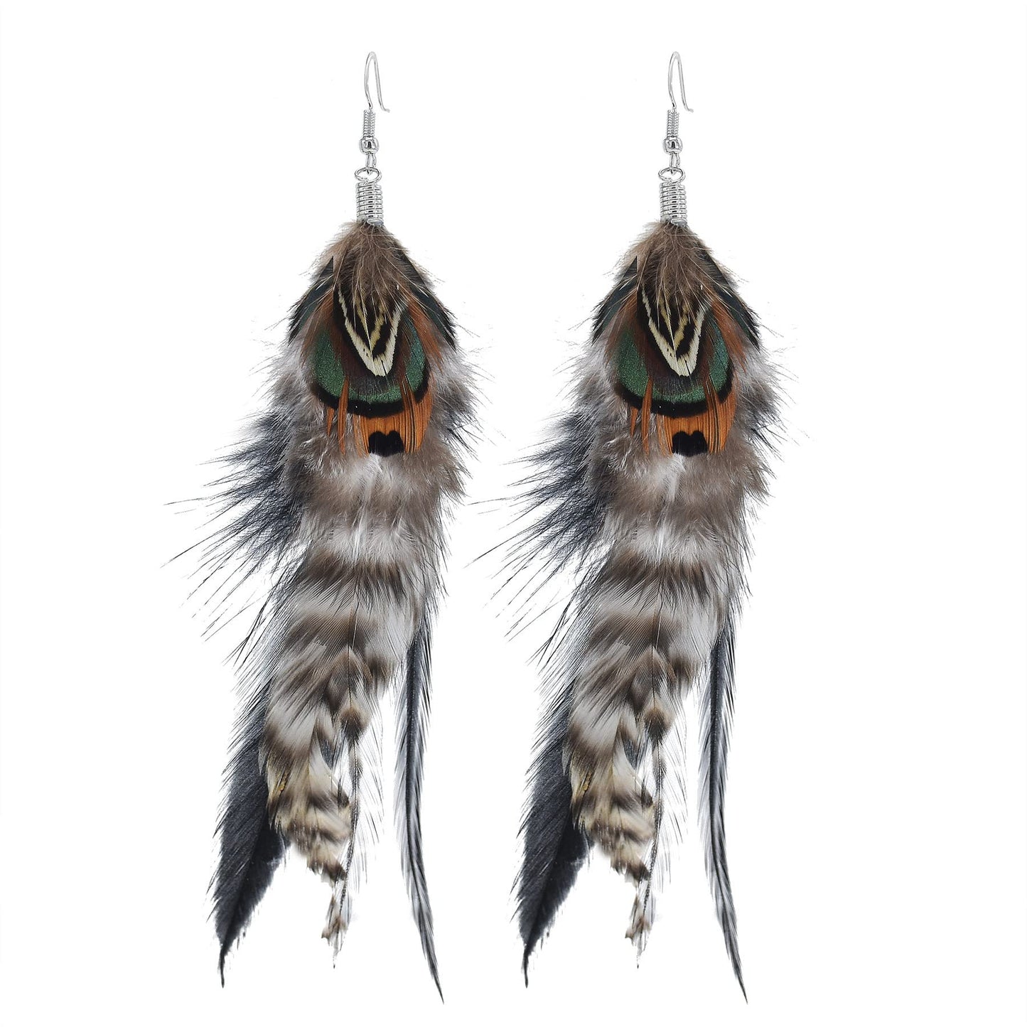 Punk Vintage Long Tassel Feather Beads Drop Wolf Tooth Pendant Earring Fish Hook Earrings Brown A
