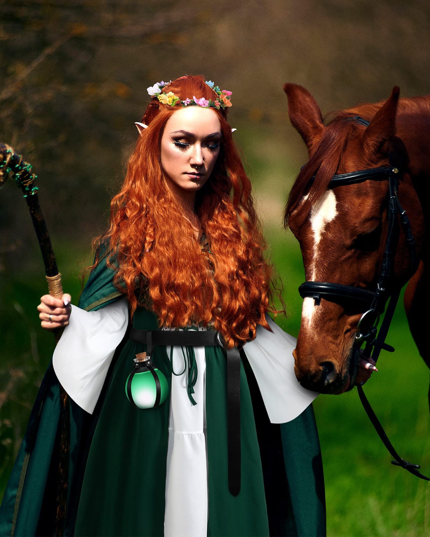 Medium Medieval Women Costume Renaissance Dress Fairy Elf Ears Headband Viking Belt Potion Bottle for Masquerade Party - 5 Pcs Set
