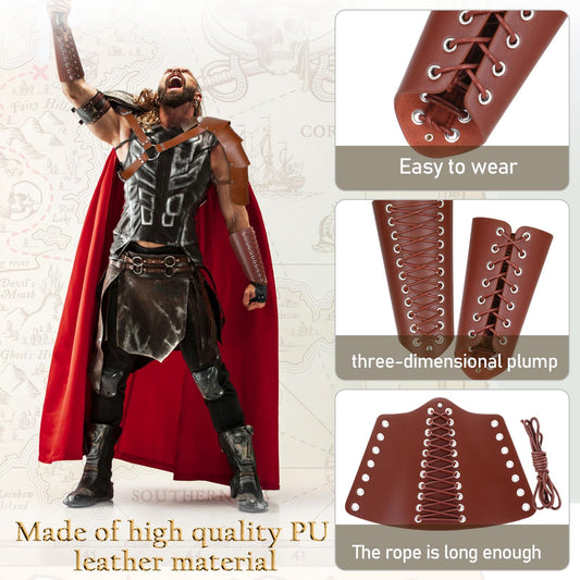 5 Pcs Medieval Leather Shoulder Armor Cape Arm Bracers Knight Belt Leather Belt Pouch Medieval Costume for Cosplay Party Retro