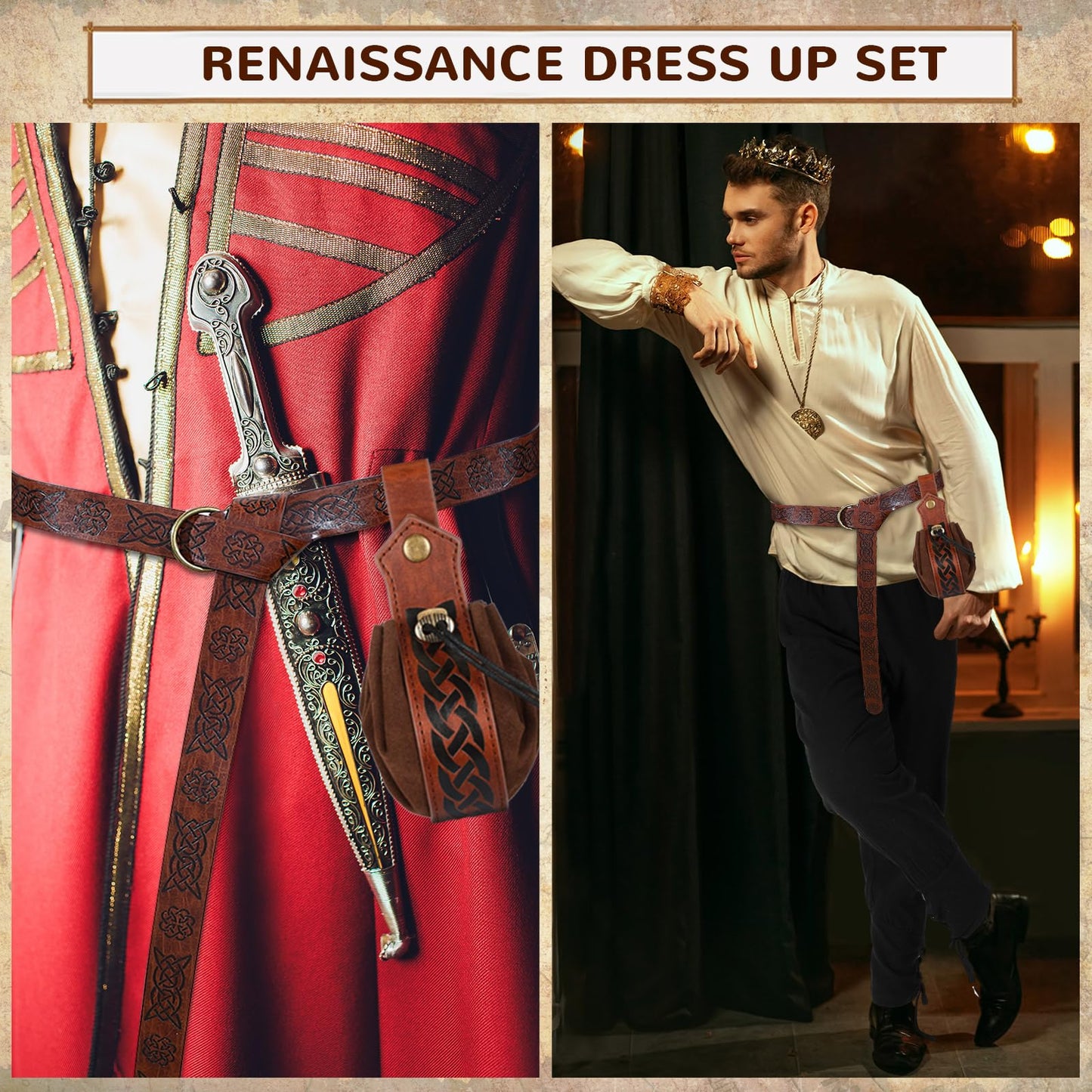 Xtinmee 4 Pcs Halloween Medieval Viking Costume Include Lace up Long Sleeve Shirts Cuff Renaissance Pants Leather Belt Pouch Beige, Brown, Coffee Large