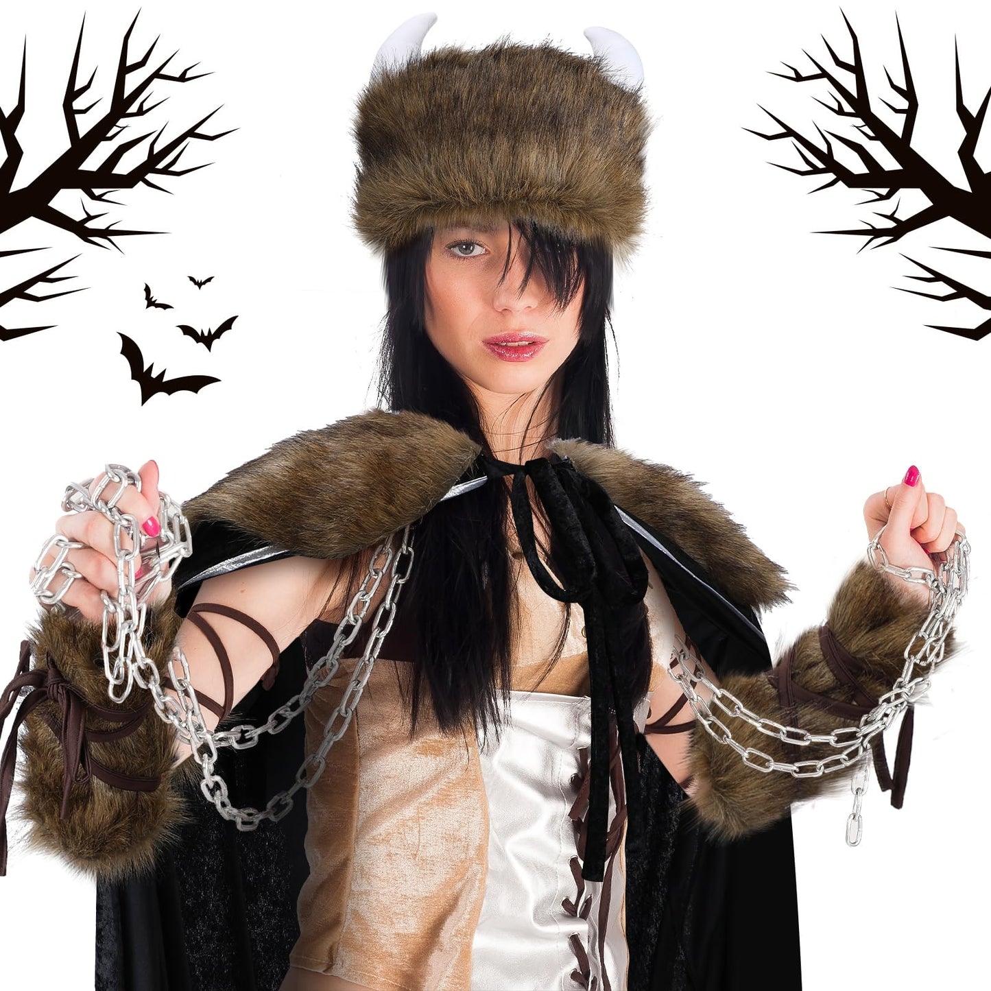 Jeyiour Women Viking Costumes Halloween Viking Warrior Costume Viking Costume with Faux Fur Collar Cape Hat Set for Women Halloween Cosplay Outfits