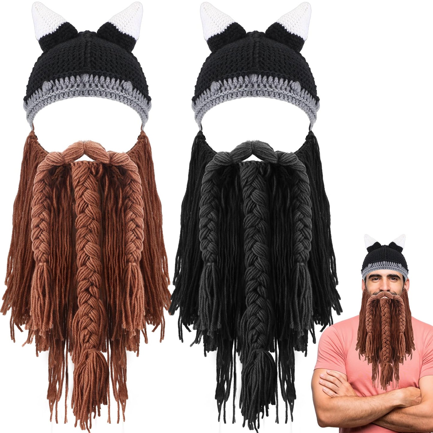 Xtinmee 2 Pcs Viking Horn Beard Hat Handmade Creative Knit Wig Mask Barbarian Facemask Beanie Knitted Winter Beard Caps Funny Ski Accessories for Adult Men Halloween Costume Black, Brown Warm