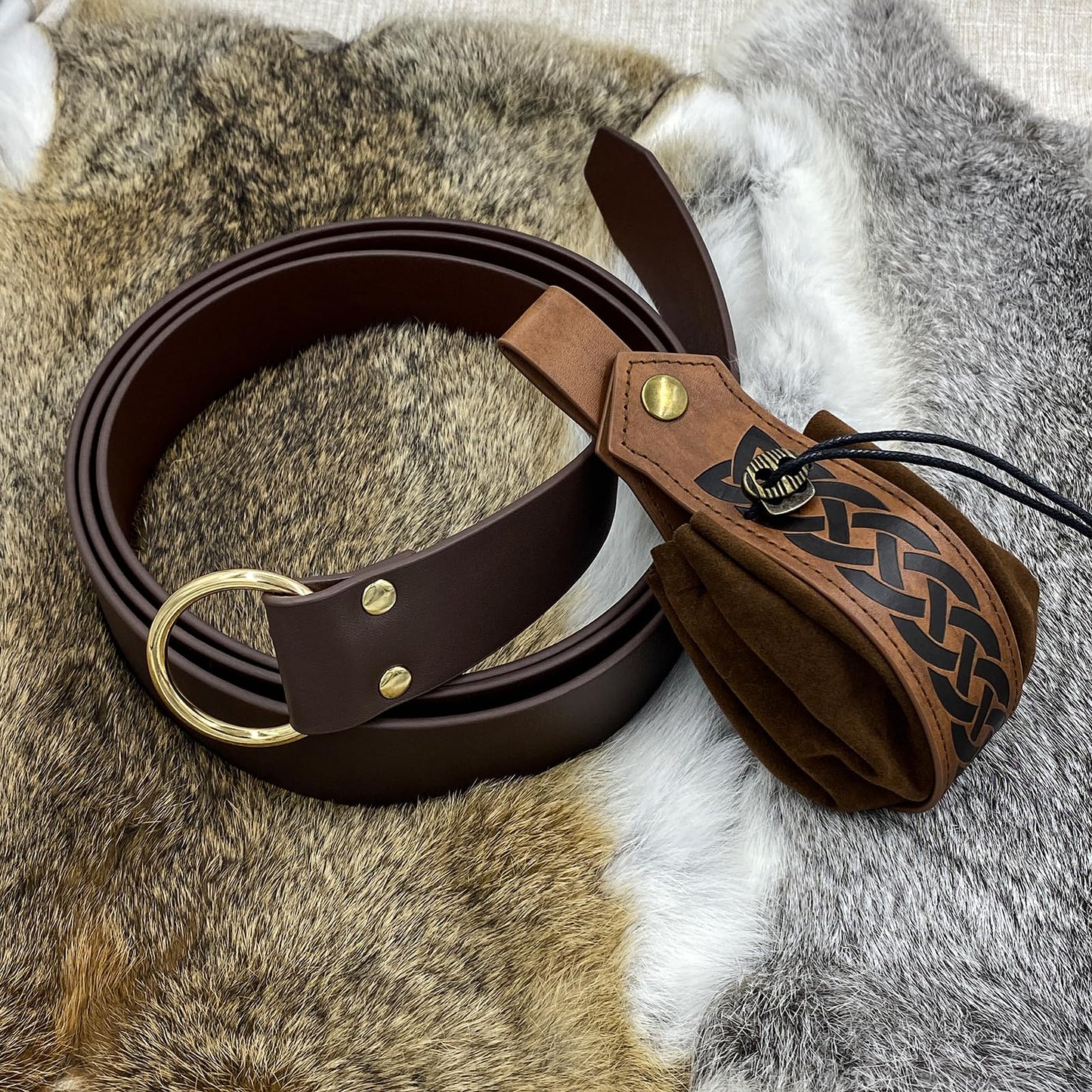 HiiFeuer Medieval O Ring Belt with Portable Drawstring Pouch, Retro Renaissance Faux Leather Belt and Purse Set for LARP Brown C