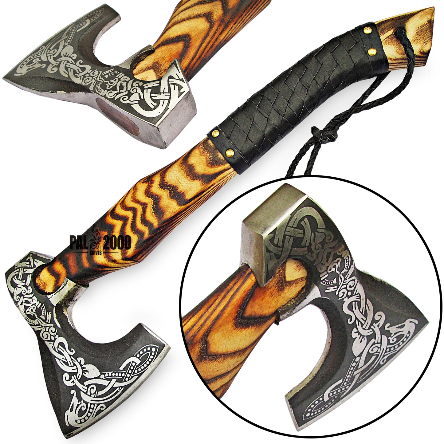 Knotwork Etched Throwing Axe with Wood Handle