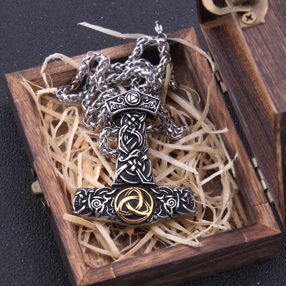 Mjolnir Hammer & Golden Triquetra Pendant Necklace
