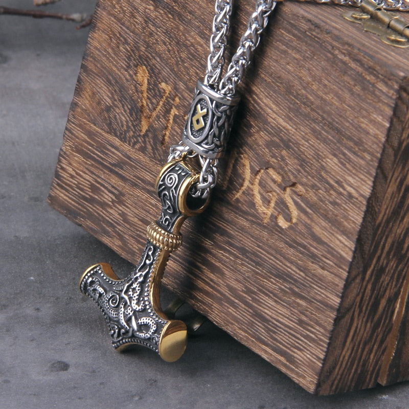 Mjolnir Gold and Steel Necklace