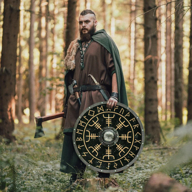 Smooth Wood & Steel Viking Shield with Helm of Awe Symbol, 24"