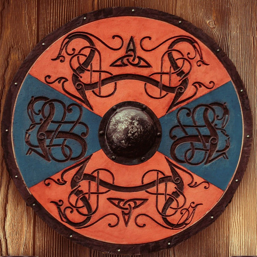 Authentic Handcarved Urnes Drake Knotwork Viking Shield, 24"