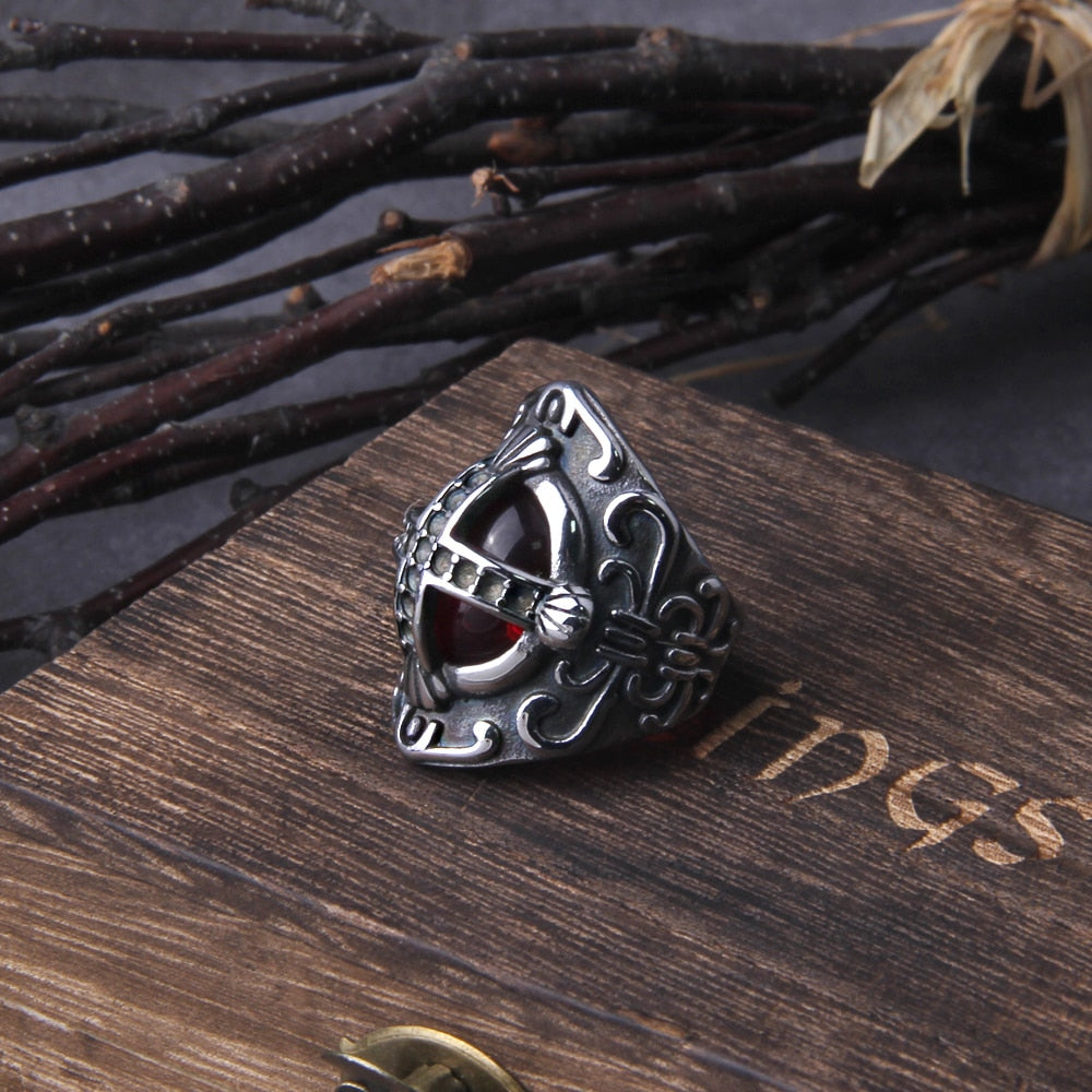 Red Opal And Stainless Steel Viking Ring