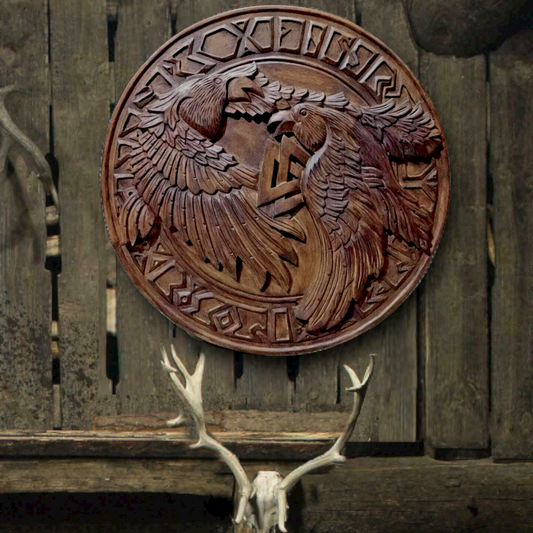Odin's Ravens And Valknut Handmade Carved Viking Shield, 24"