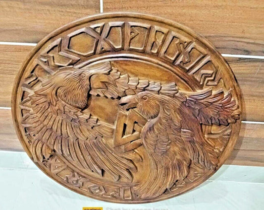 Odin's Ravens And Valknut Handmade Carved Viking Shield, 24"