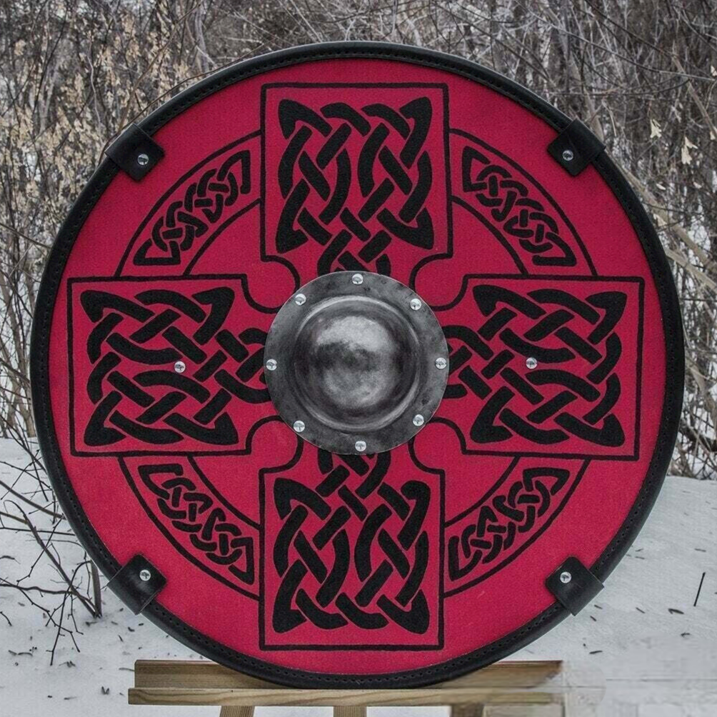 Smooth Red Medieval Shield with Celtic Sun Cross, 24"