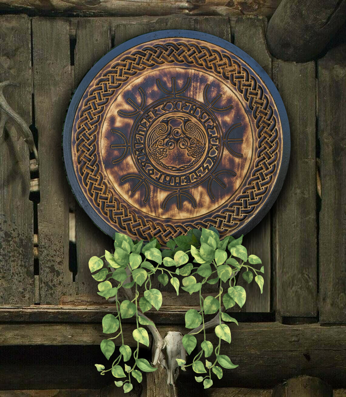 Hugin and Munin Raven Carved Symbols Viking Shield, 24"