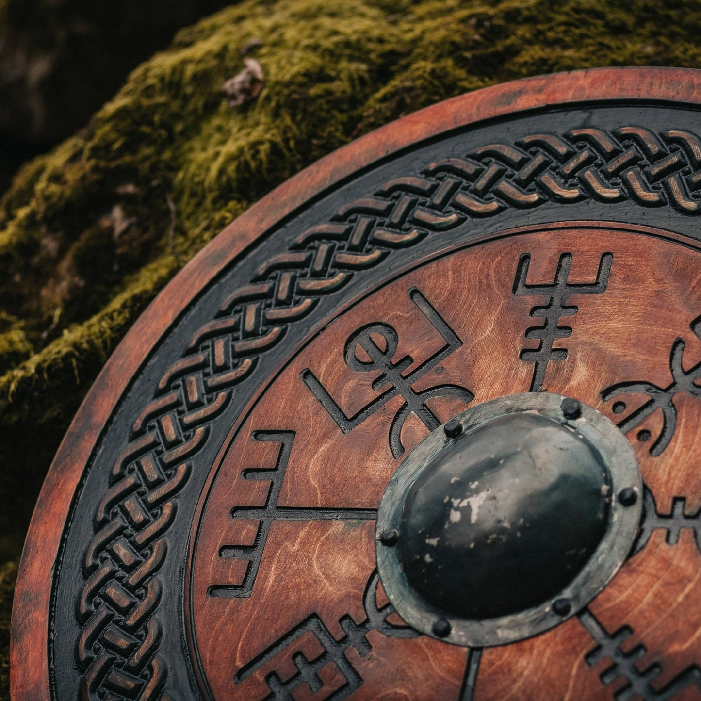 Viking Shield with Carved Vegvisir Symbol, 24"