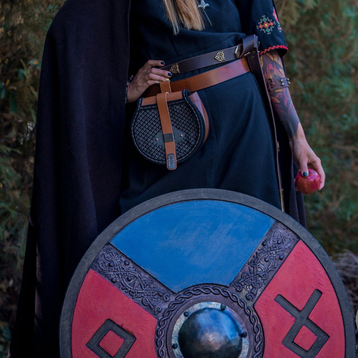 Handcarved Blue And Red Style Rune Viking shield, 24"