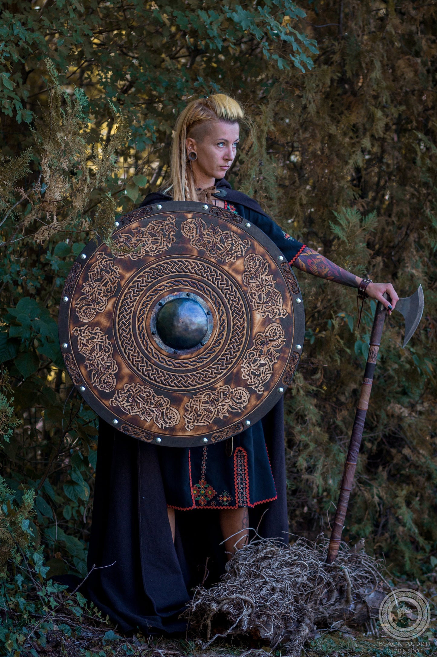 Handmade Viking Shield with Carved Jellinge Norse Drake Ornaments, 24"