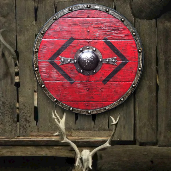 Lagertha Shieldmaiden Blue and Red Plank Viking Shield, 24 - vikingshields