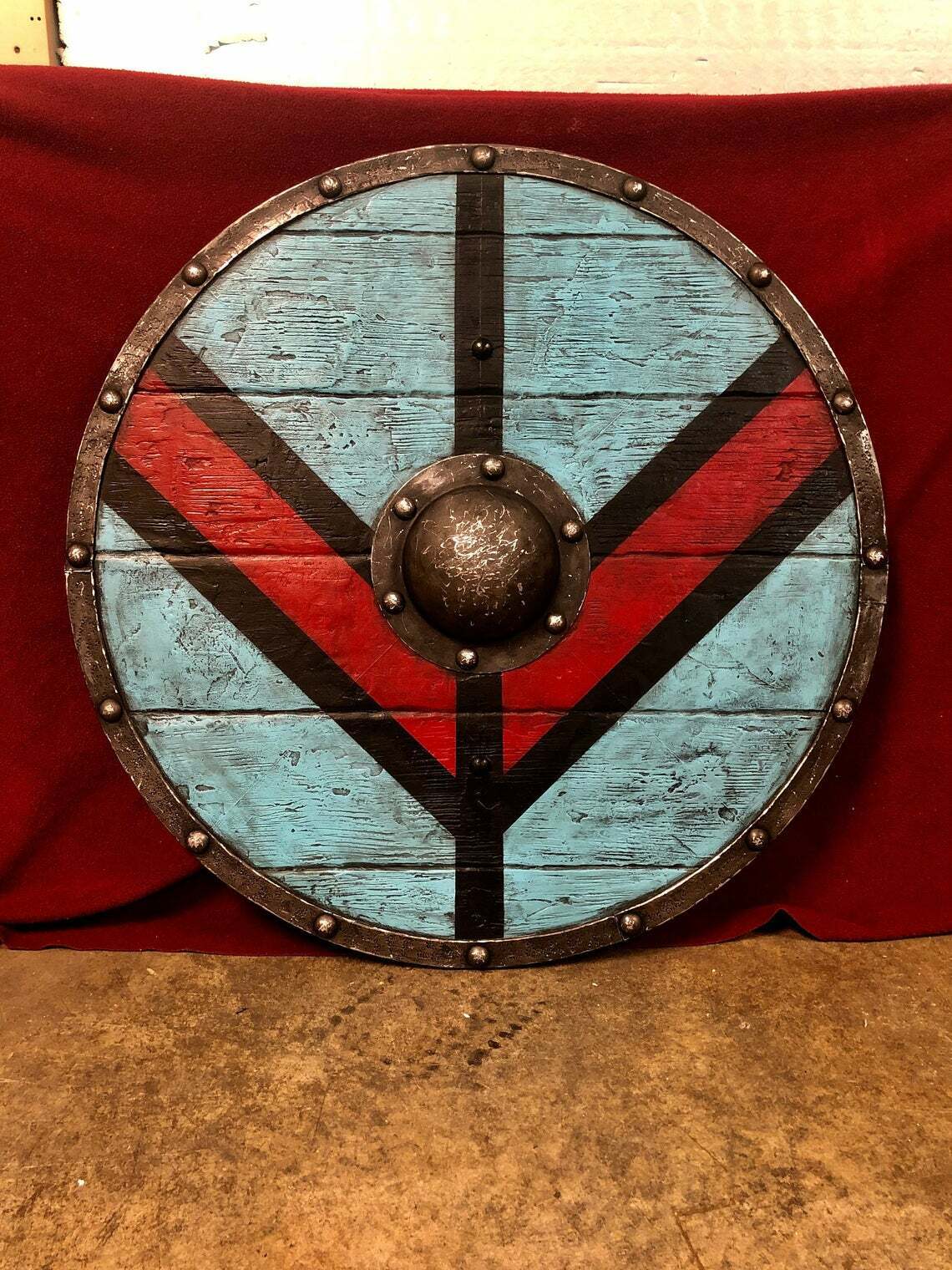 Lagertha Shieldmaiden Blue and Red Plank Viking Shield, 24 - vikingshields