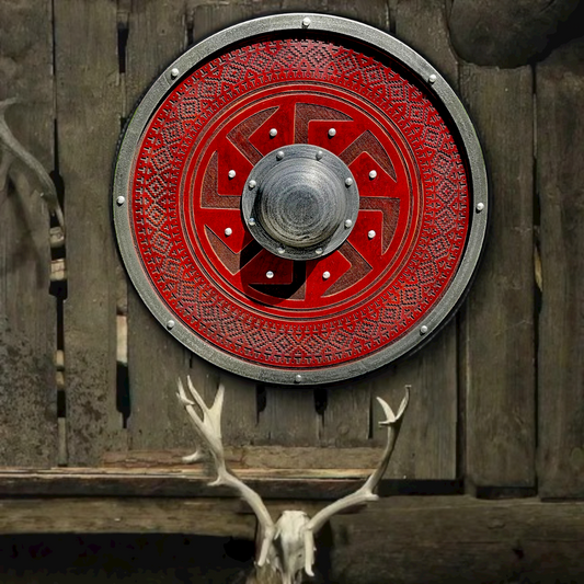 Red Carved Kolovrat Slavic Sun Viking Shield, 24"