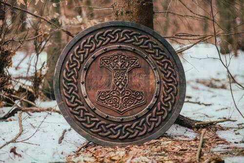 Carved Hammer Of Thor Mjolnir Knotwork Viking Shield, 24"