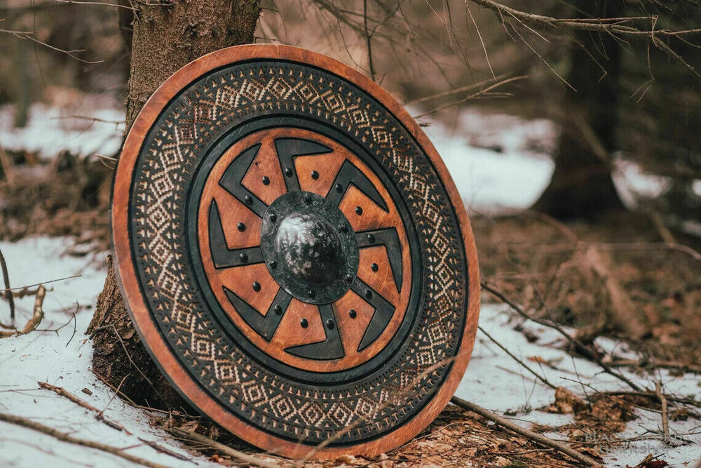 Carved Kolovrat Slavic Sun Viking Shield, 24"