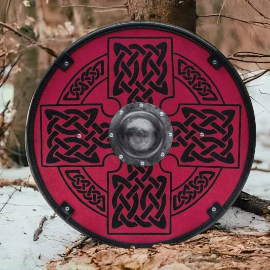 Smooth Red Medieval Shield with Celtic Sun Cross, 24"